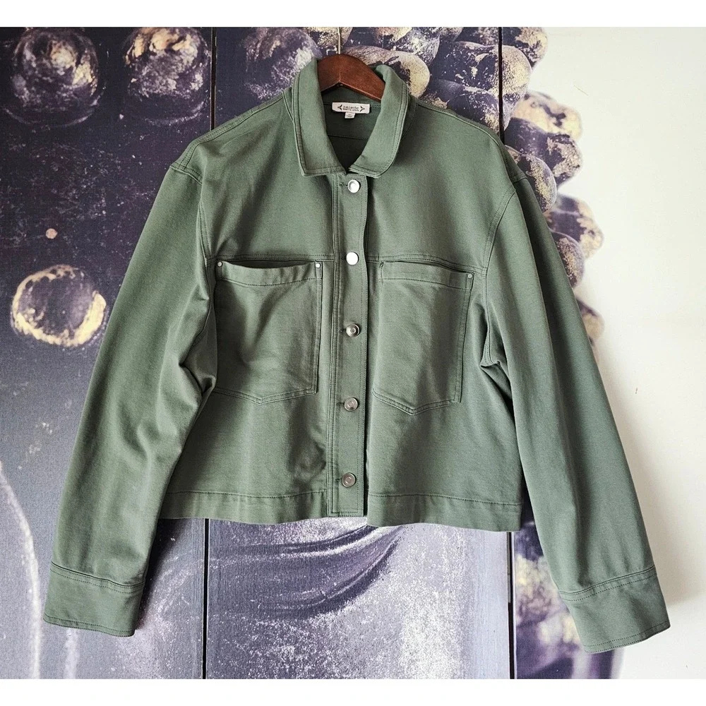Nanette Lepore Olive Green Button Front Cotton Blend Utility Jacket Knit Size XL